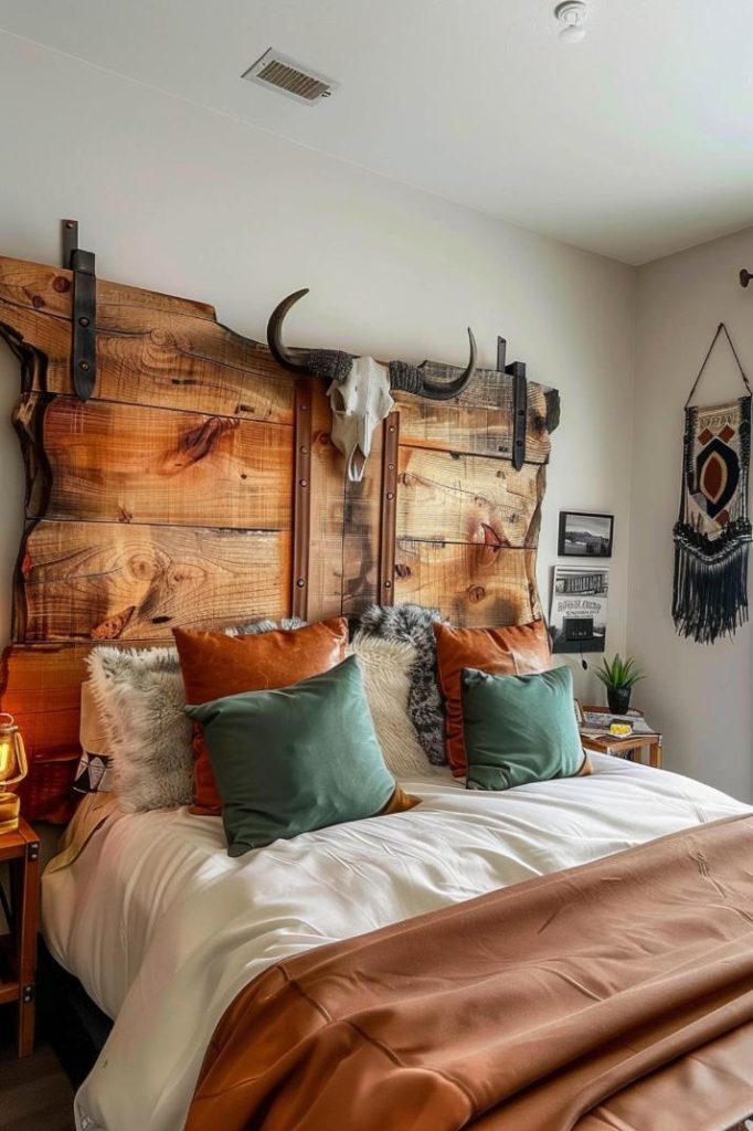 A rustic bedroom with a wooden headboard with horns and leather straps. The bed is decorated with pillows and a brown blanket. A decorative wall hanging and frame can be seen in the background.