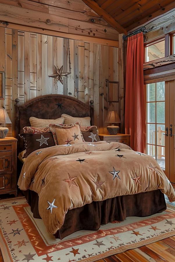 Rustic bedroom with wooden walls, a star pattern duvet, matching pillows, bedside tables with lamps and tall red curtains on a glass door.