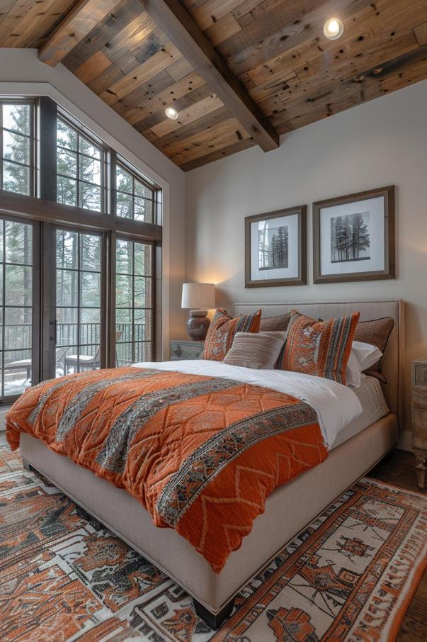 A cozy bedroom features a large bed with orange linens, decorative pillows, two framed pieces of art above the headboard, and a wooden blanket. Large windows offer views of the trees outside.