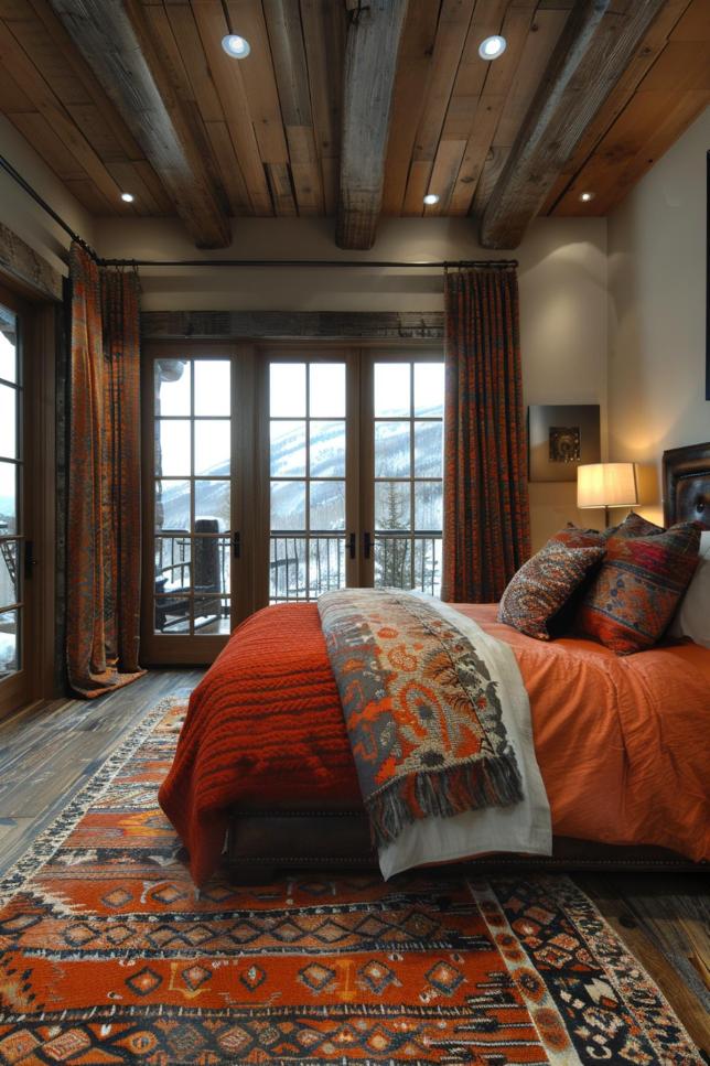 Rustic bedroom with exposed beams, large windows and mountain views. Features an orange and patterned bedding set, a rug and a bedside lamp.