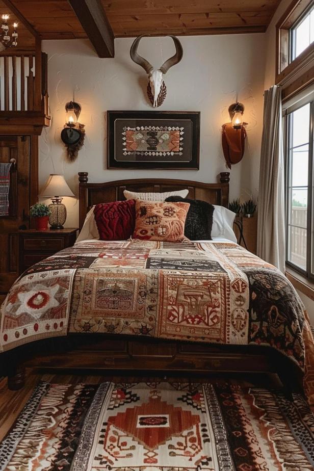 A cozy bedroom with a patchwork blanket on the bed, rustic wooden decor and decorative antlers above. Warm lighting and a large window enhance the room.