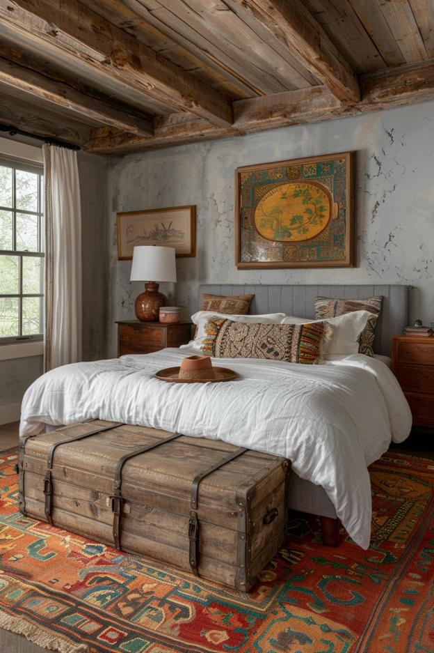 Rustic bedroom with wooden ceiling, bed and vintage decor. There is a chest at the foot of the bed and a large window lets in natural light. Vibrant rugs and cushions add color.