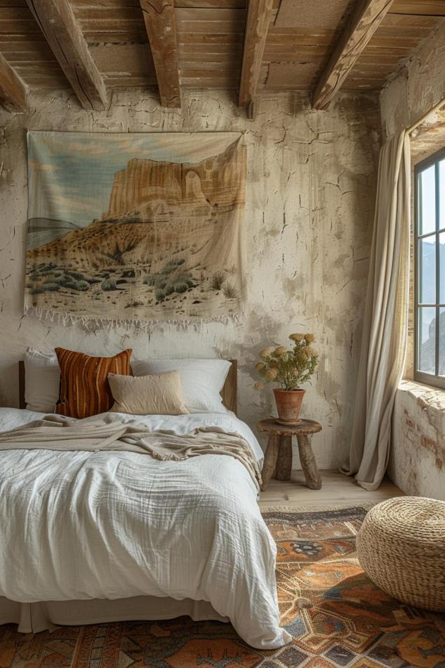 A rustic bedroom with a wooden ceiling, a bed with white and brown pillows, a tapestry with a desert scene on the wall, a potted plant on a stool and a large window.