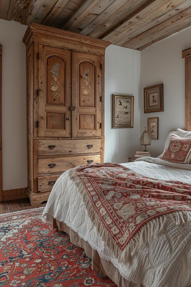 A cozy bedroom with a rustic wooden wardrobe, a bed with patterned pillows and a blanket, and decorative framed artwork on the walls.