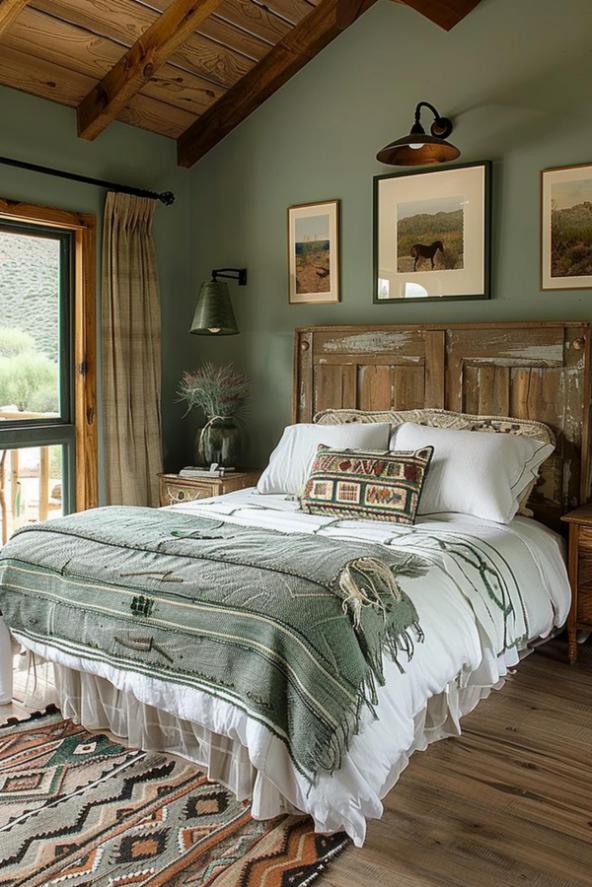 Cozy bedroom with rustic wooden headboard, green walls and decorative pillows. A blanket covers the bed and framed artwork hangs on the wall above. A window provides a view outside.