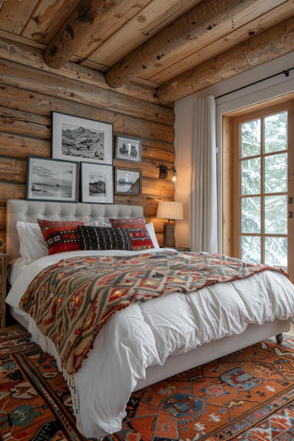 Cozy log cabin bedroom with a bed with patterned linens, framed photos on the wood-paneled wall and a rug. A window with curtains allows natural light to illuminate the room.