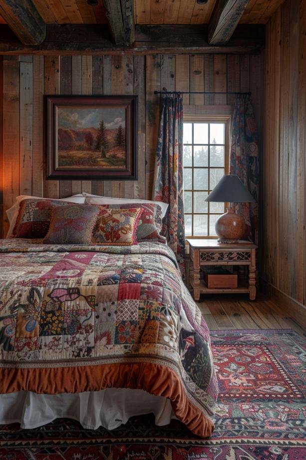 Cozy rustic bedroom with a patchwork blanket on the bed, a landscape painting and a window with patterned curtains. Warm lighting and wooden elements throughout.