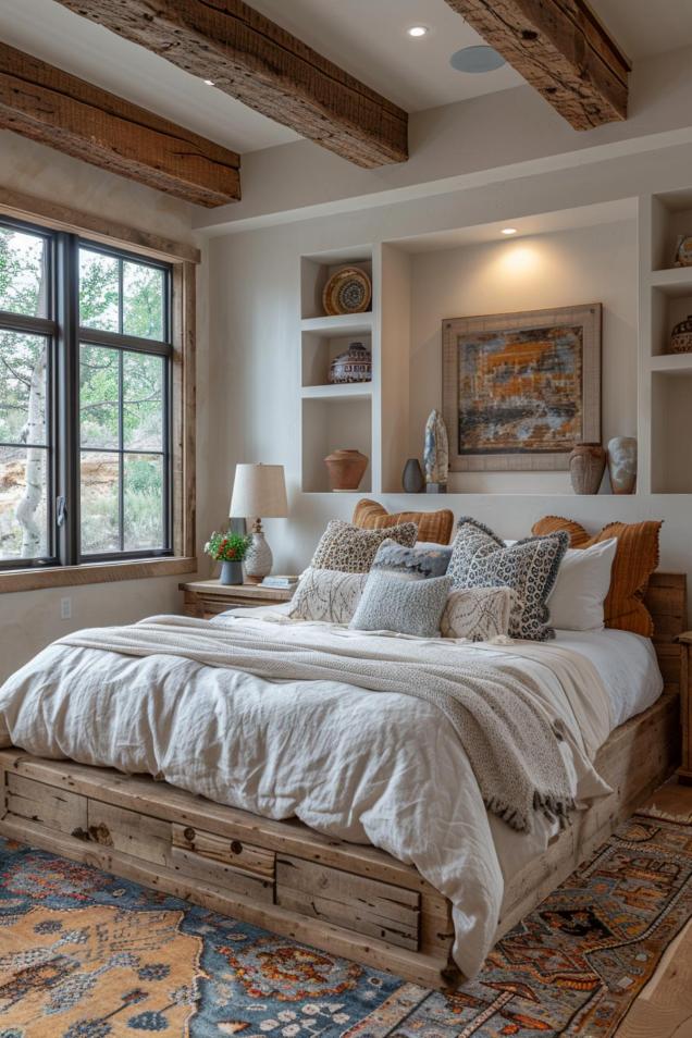 Rustic bedroom with wooden beams and shelves, a wooden bed with white and brown bedding, a large window, decorative pillows, a colorful carpet and various decorative items.