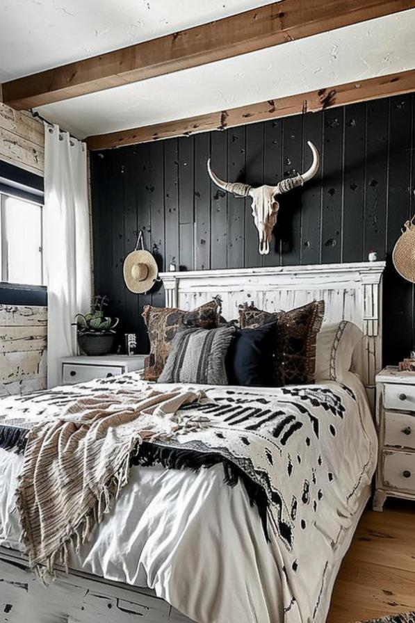 Rustic bedroom with black wooden accent wall, decorative bull skull, white headboard, patterned pillows and blanket, potted plant and natural light from a window.