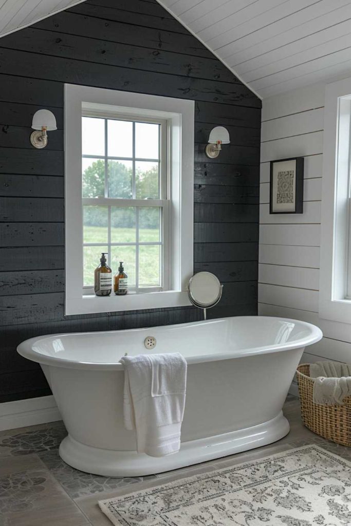 Bold black shiplap in your bathroom helps create an eye-catching accent wall, paired with white fixtures for a timeless, monochromatic and dramatic effect.