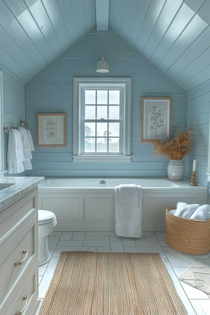 Conjuring images of seaside retreats and pretty blue skies, this horizontal throw bathroom in soft blue tones is perfect for a home that has a touch of coastal charm. The space is a harmonious mix of relaxation and style.