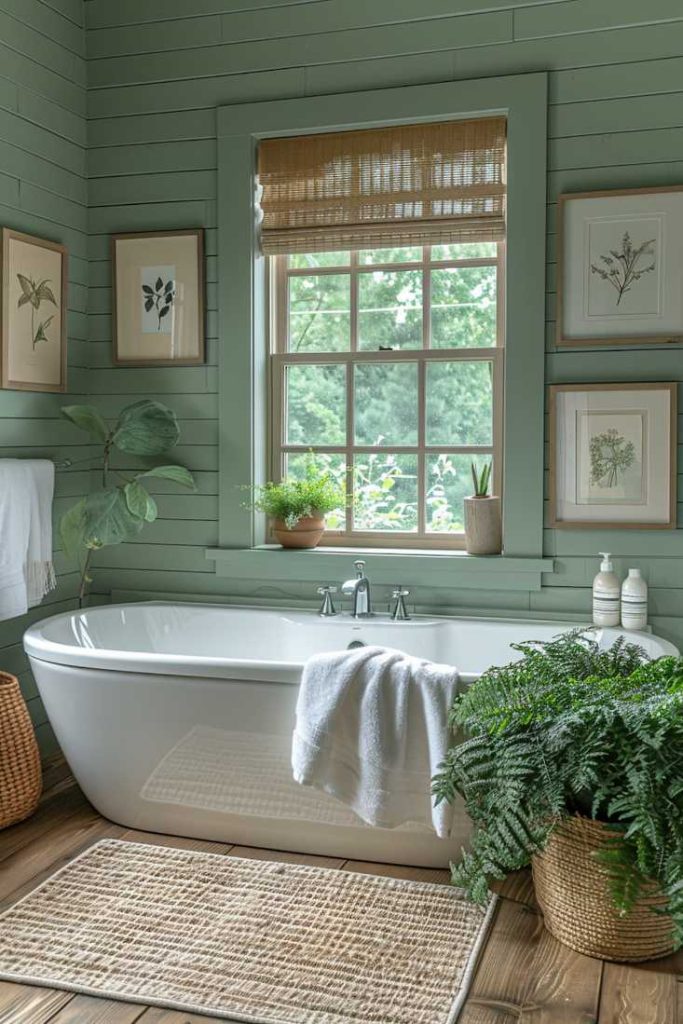 A calm oasis with a delicate mint pattern on the bathroom wall and clean, white bathroom accessories. The result is a quiet retreat in the bathroom. 