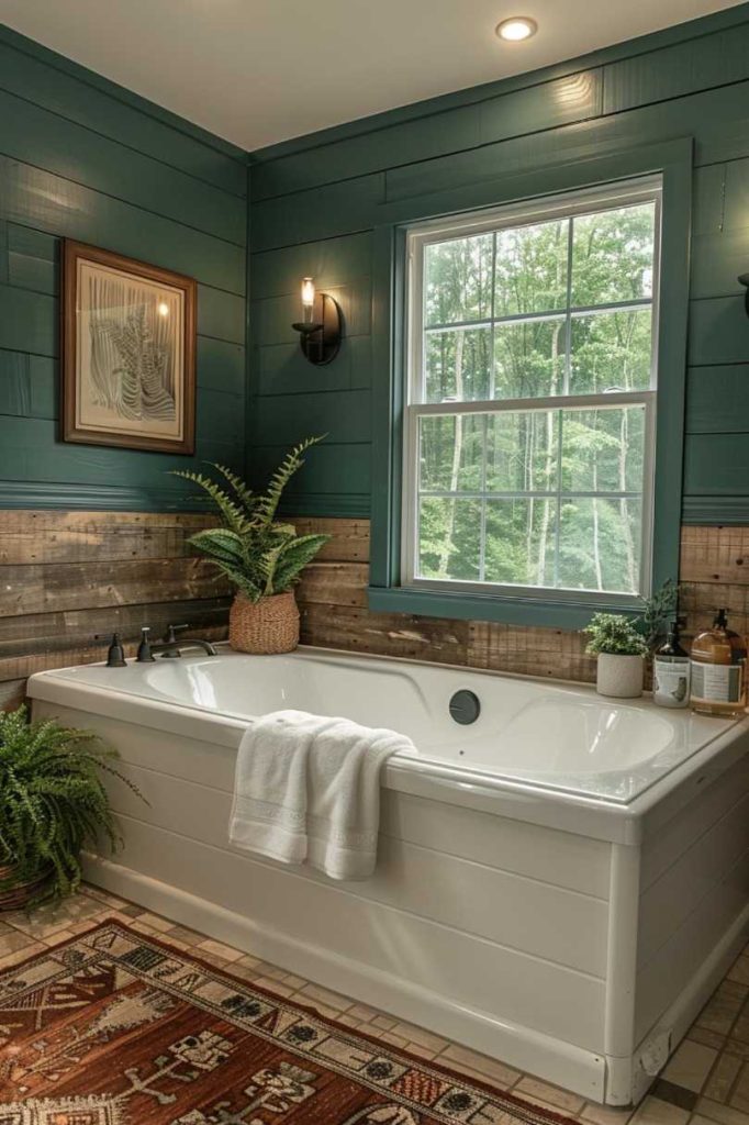 A richly stained wooden wall in the bathroom brings warmth to the room, complemented by earth tones and dark greens for a calming forest atmosphere.