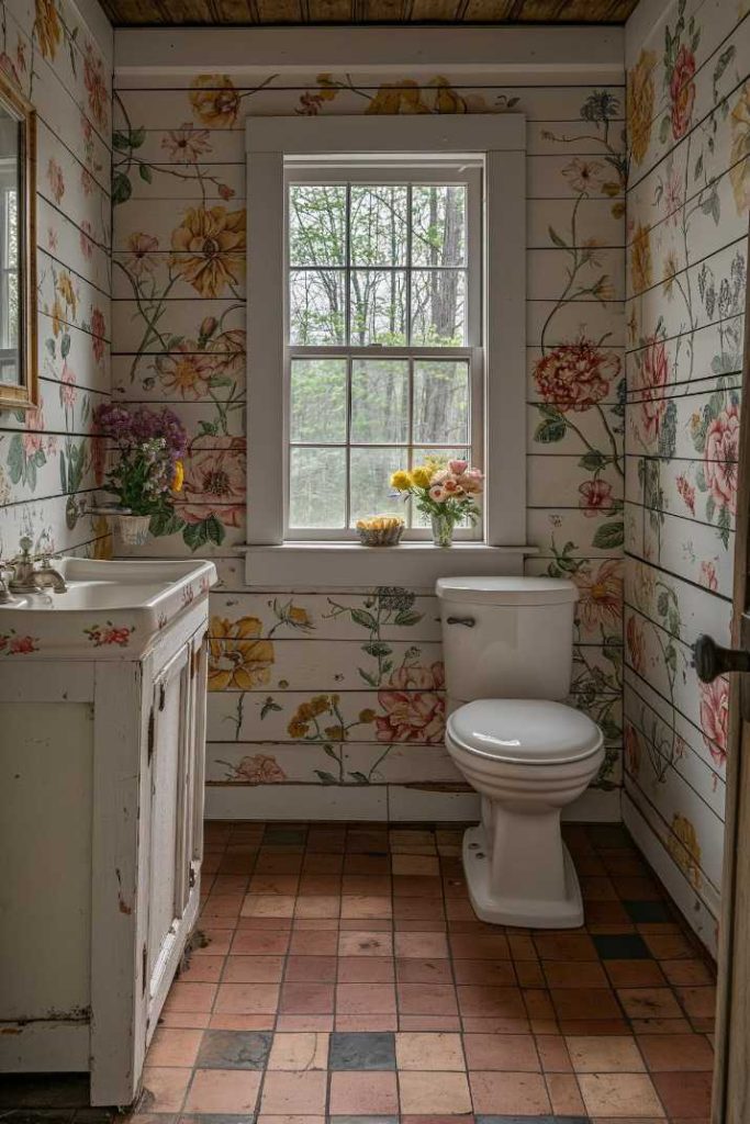 Shiplap and cottagecore are the perfect combination. In this restroom, whimsical patterns, white shiplap, and cute floral accessories like toilet paper covers and tissue box holders create a cozy cottage vibe in any bathroom.