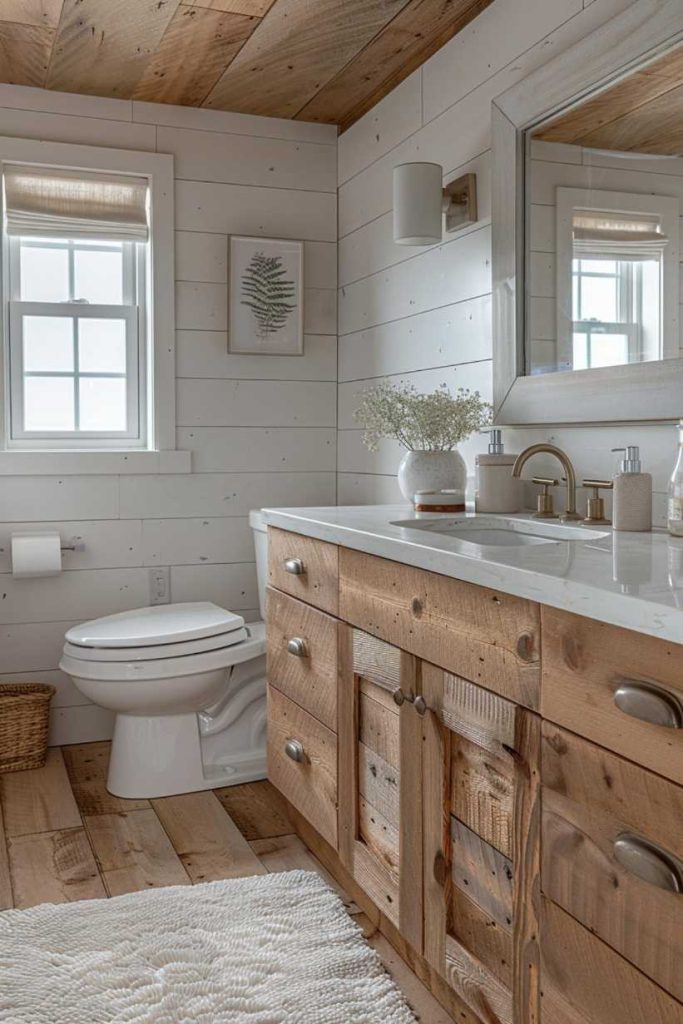 In this stunning bathroom, the seamless fusion of crisp white throws with a beautifully crafted, rustic wood vanity creates an ambiance that effortlessly blends luxury with the warm, inviting charm of a farmhouse.