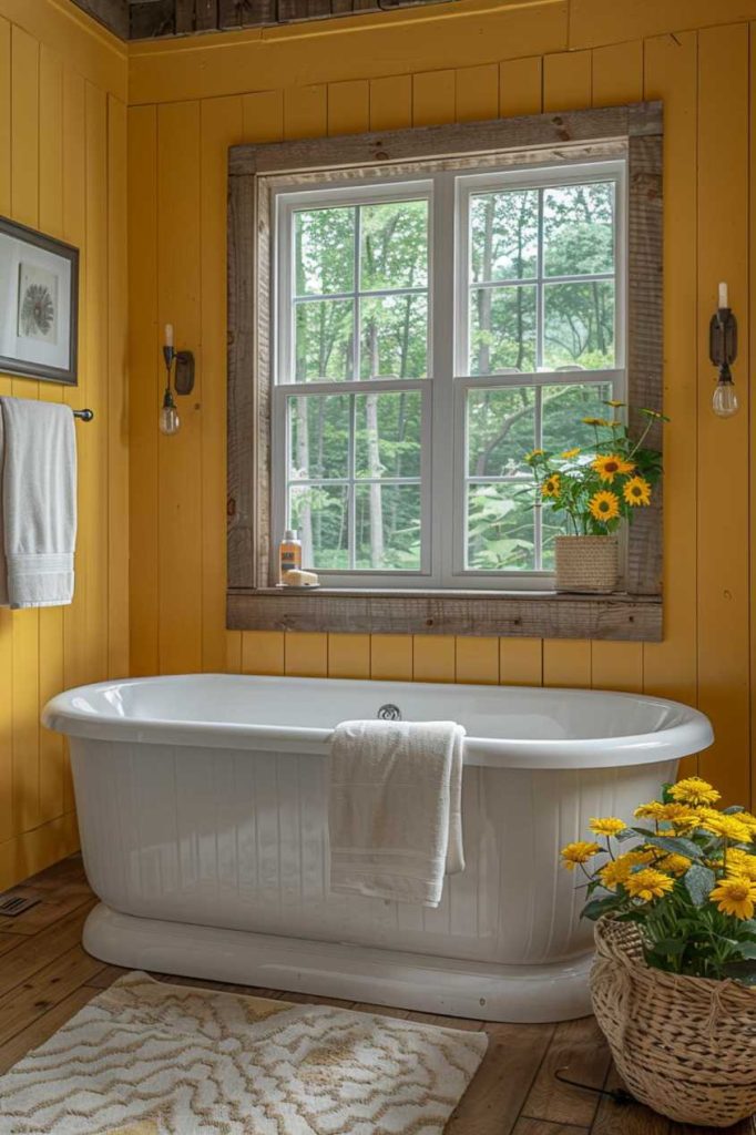 The sun-drenched atmosphere of this bathroom, adorned with bright yellow vertical shiplap walls, brings an irresistible sense of joy to the entire space. The bright color palette and textured stepped walls work harmoniously together to create a vibrant and uplifting atmosphere.