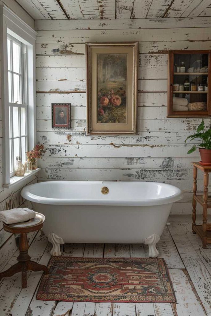 Traditional step walls are the perfect choice if you want a sweet vintage look. In this bathroom, overlapping walls combine with vintage and antique bathroom accessories to create an enchanting nostalgic style.