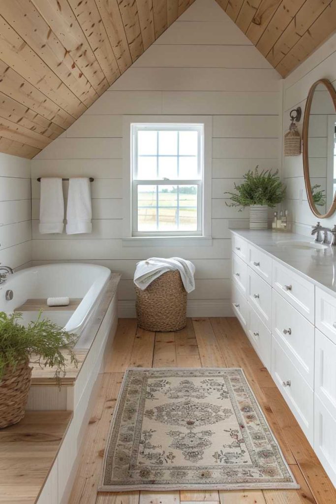 In this thoughtfully designed bathroom, the tranquil backdrop of white shiplap is artfully offset by the inclusion of natural wood accents and touches of greenery. This harmonious combination gives the room an organic, earthy atmosphere.