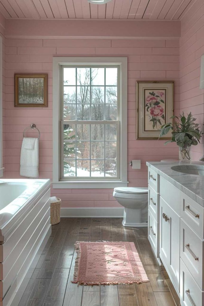 Soft pink shiplap adds a gentle, feminine grace to a beautiful bathroom space. The color is peaceful and relaxing and, combined with bright white bathroom accessories, gives the room a pretty and timeless look.