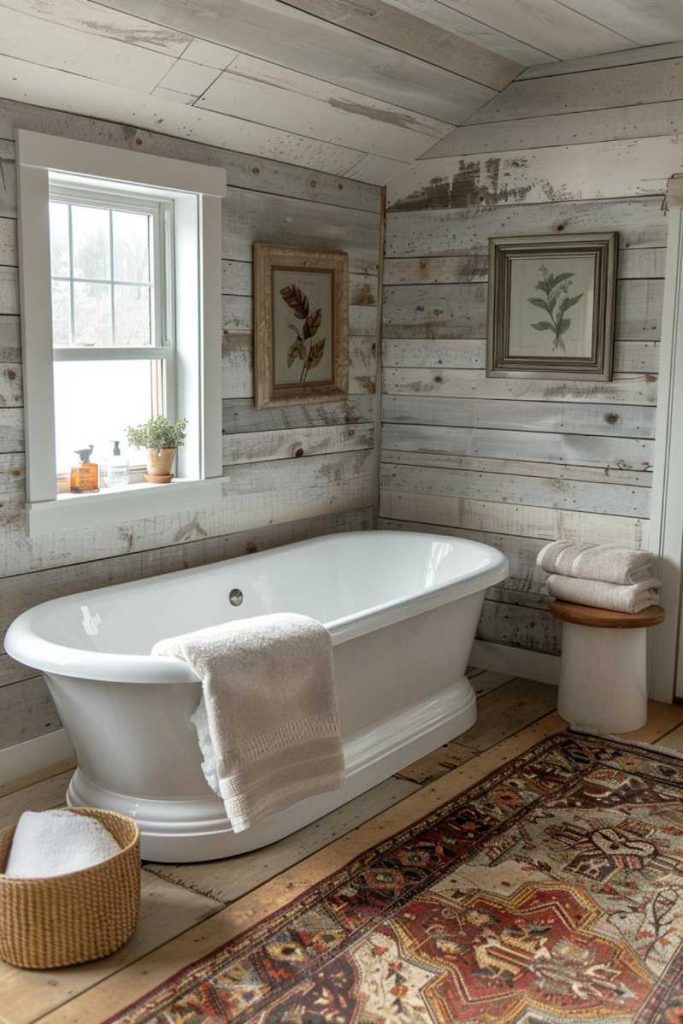 A stunning mix of modern fittings and light gray distressed overlapping walls create a charming modern overlapping bathroom that combines both form and function.