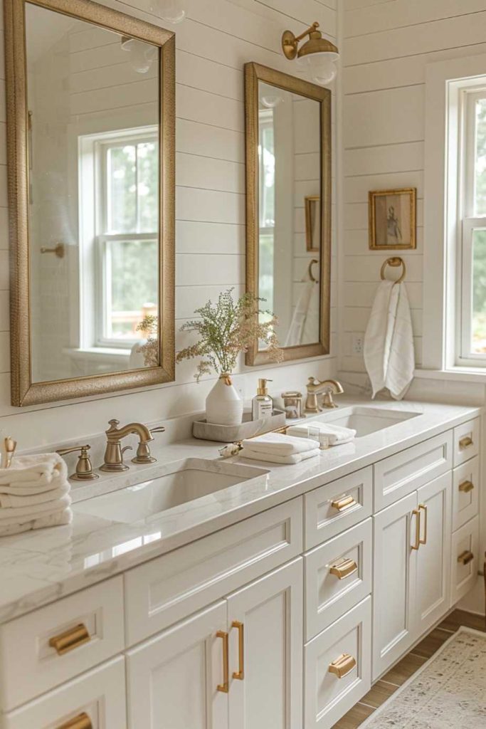 Tall mirrors above gold-gilt double vanities enhance the spaciousness of a bathroom with a white throw. The combination of the two finishes is a fantastic combination of elegance and farmhouse charm.