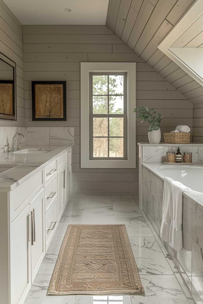 The bathroom exudes an aura of sophisticated elegance as delicate gray shiplap and polished marble accents come together to create a space that embodies understated elegance. The interplay of textures and tones adds depth and character and creates a welcoming atmosphere.