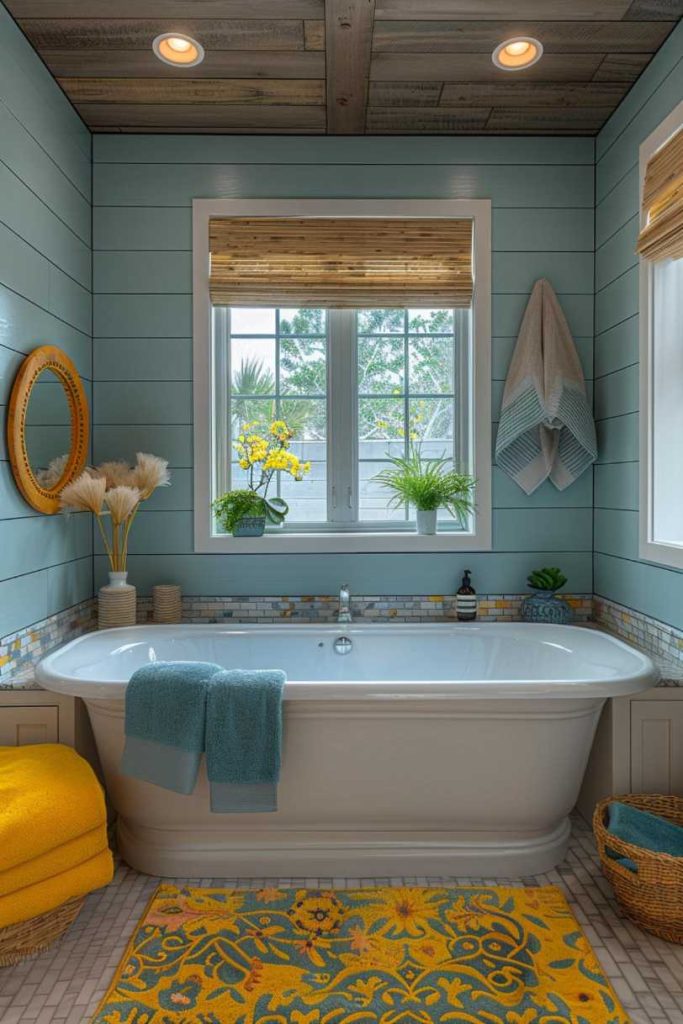 Don't be afraid to use paint on your shiplap. In this room, an aqua shiplap for your bathroom's accent wall transforms the space into a refreshing oasis reminiscent of tropical waters. Yellow accessories complete the look and make it appear refreshing and airy.