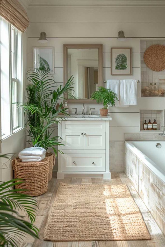 This enchanting bathroom transports you to a personal paradise where the calming appeal of white ribbed walls meets the vibrant presence of lush, green plants. The seamless integration of these elements creates an inviting and relaxing space.