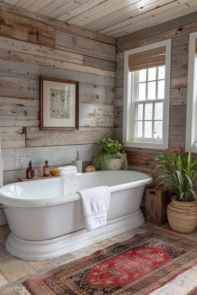 Rustic overlapping walls paired with fun distressed bathroom accessories like distressed lotion boxes and woven baskets create a charming bathroom that beautifully reflects the charm of the sweet farmhouse style.