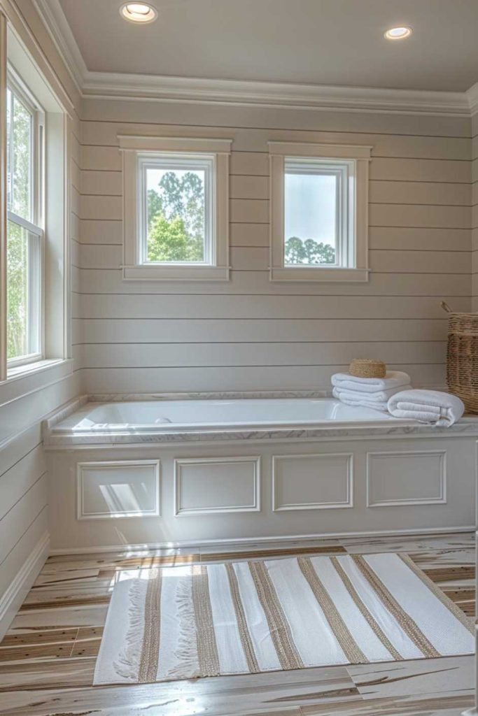 The subtle tone of the shiplap harmonizes beautifully with the shiny chrome accents, creating a seamless blend of modern elegance and classic charm.