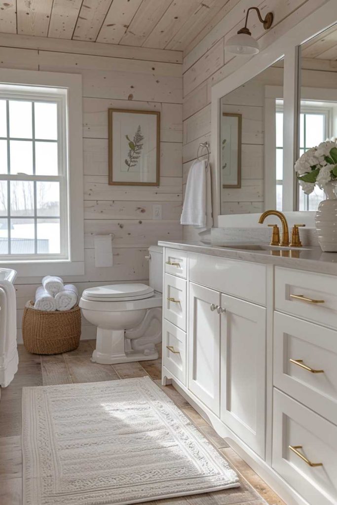 If you want timeless class and universal appeal, you can't go wrong with all-white. This all-white shiplap bathroom boasts clean lines and monochromatic charm.