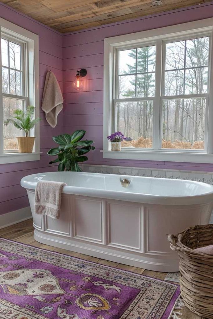 Pastel tones always give a room a light and airy feel. The same goes for this shiplap bathroom. Carefree, pastel overlap adds a playful touch to a cheerful bathroom scene.