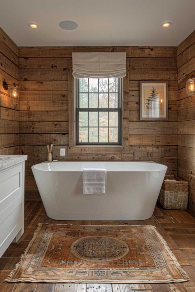 The bathroom exudes a feeling of calm and depth thanks to the rich and warm presence of stained wooden edges. This natural material not only adds a touch of rustic charm, but also gives the room a calm atmosphere.