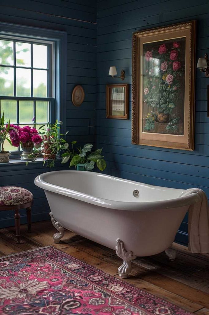 Opt for bright, bold colors like jewel tones to create a bathroom that really stands out. In this room, sapphire blue shiplap walls add a regal and sophisticated feel to a <a href=