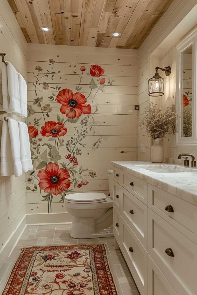 Bold and vibrant curved floral patterns on the walls harmonize with cream shiplaps to create an imaginative dance of elegance and charm.