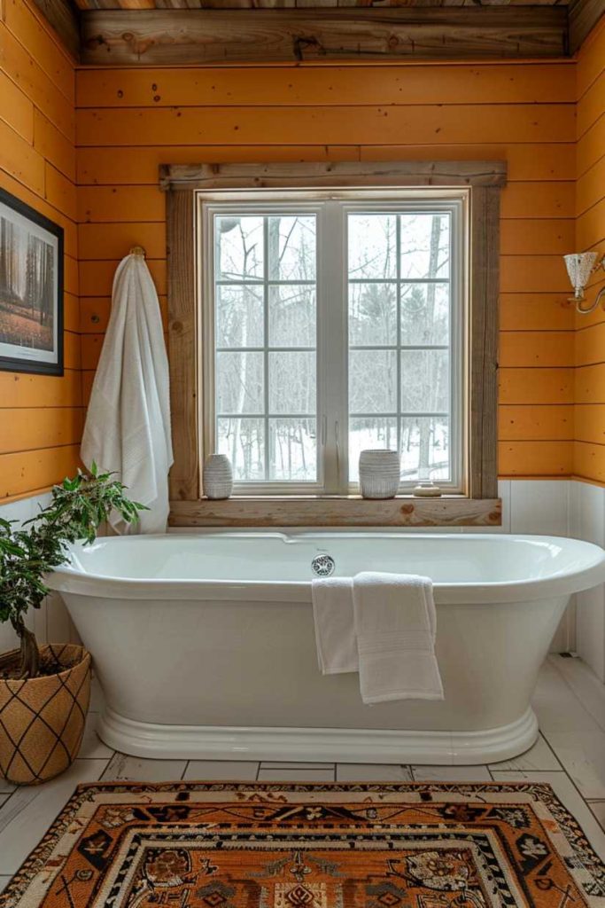 The bathroom is enveloped in a comforting warmth, while the honey-colored stepped walls enhance the natural light that enters the room. The rich, golden tones of the shiplap give the room a bright and cozy feel.