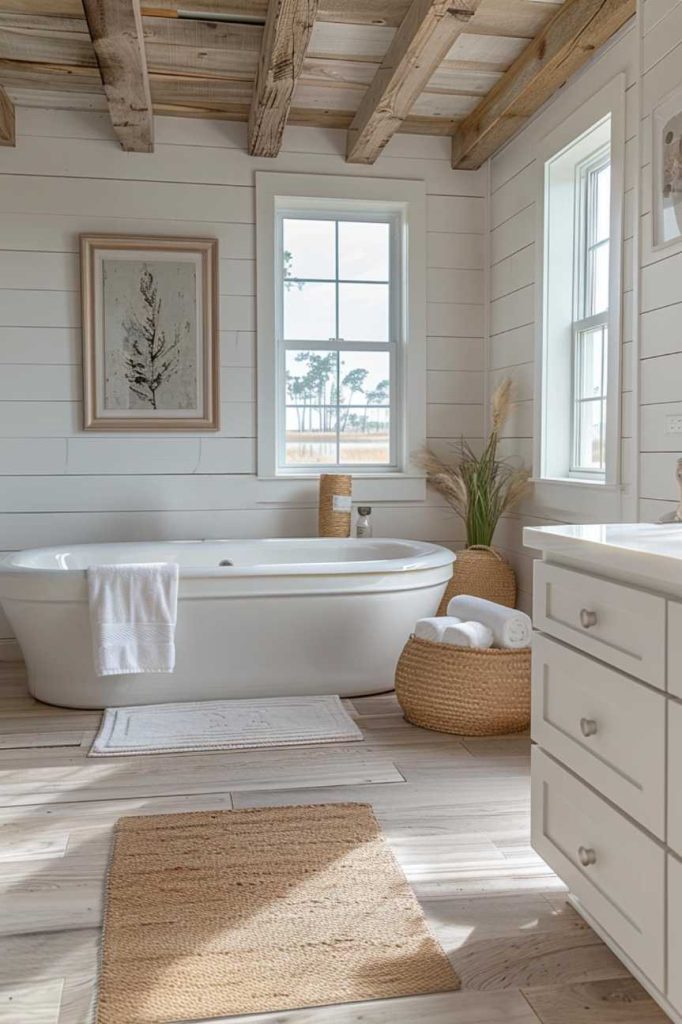 Exposed white stepped beams extend across the bathroom ceiling, adding architectural elegance and proving you're not limited to just your walls when it comes to design 