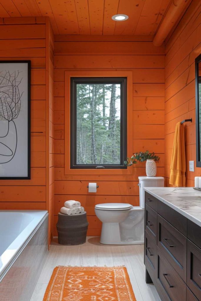 In this shiplap bathroom, the marriage of modern design and warm, inviting elements defies the notion that contemporary has to be cold. The interplay of warm tones and inviting textures creates a bathroom that is both visually striking and inviting.