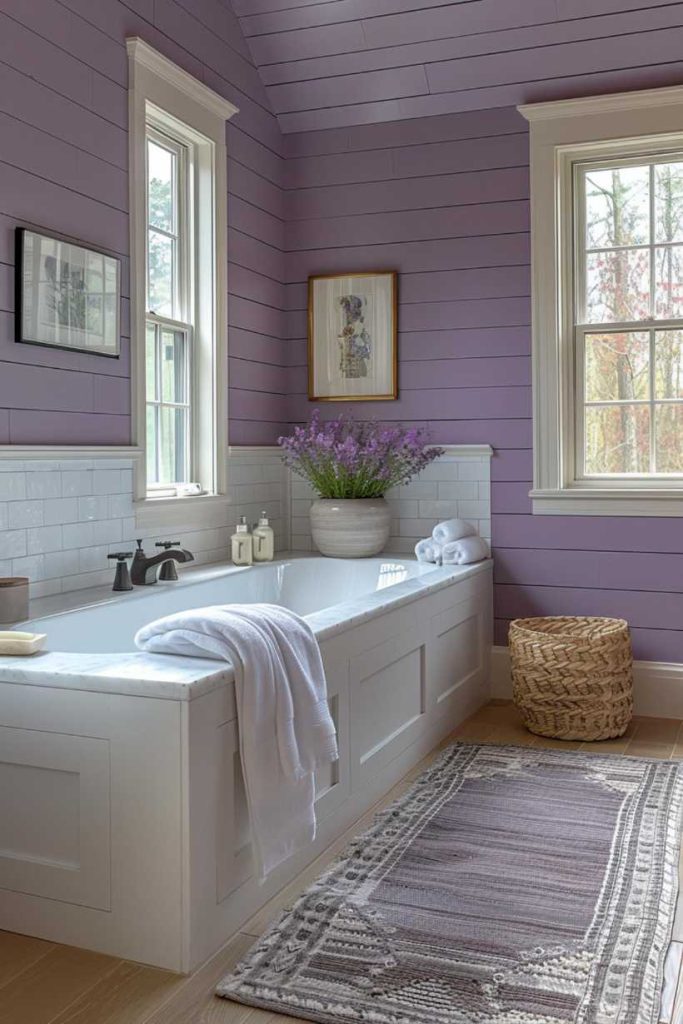 Create a dreamy and unique bathroom with light purple tones. In this room, a lavender accent wall pairs perfectly with white wooden bathroom accessories.