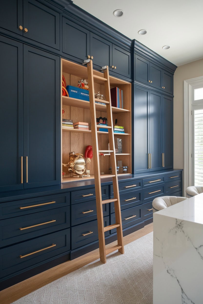 A modern mudroom with floor-to-ceiling navy blue cabinets and a wooden ladder to access upper shelves.