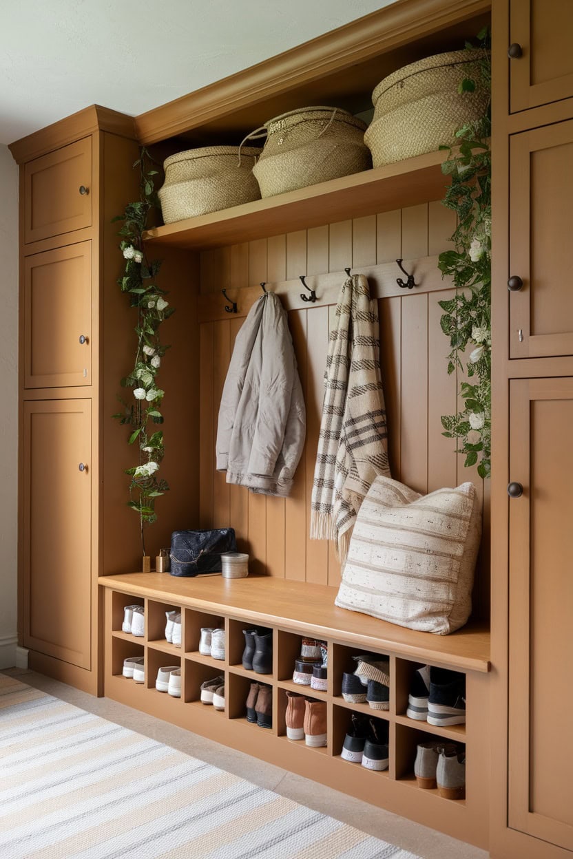 A cozy mudroom with classic closets with open shelves, hooks for coats and a shoe storage area.