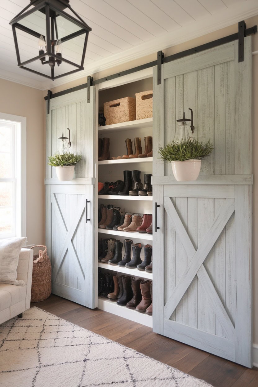 Rustic mudroom closet with sliding doors and organized shoe storage.