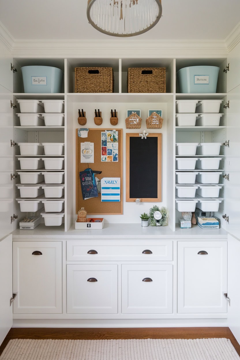 A stylish mudroom closet with storage baskets, labeled boxes, a chalkboard and bulletin board for organization.