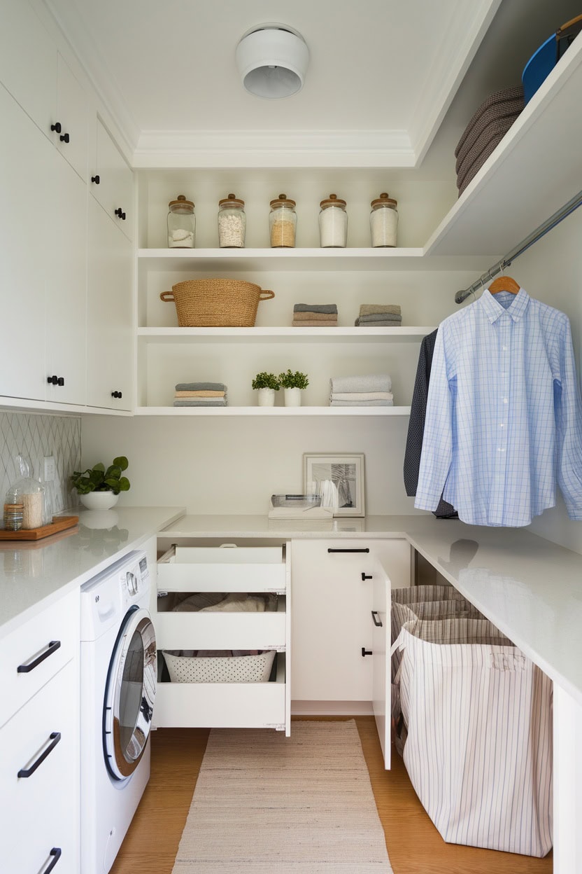 A modern mudroom with laundry facilities including closets, a washing machine and shelving.