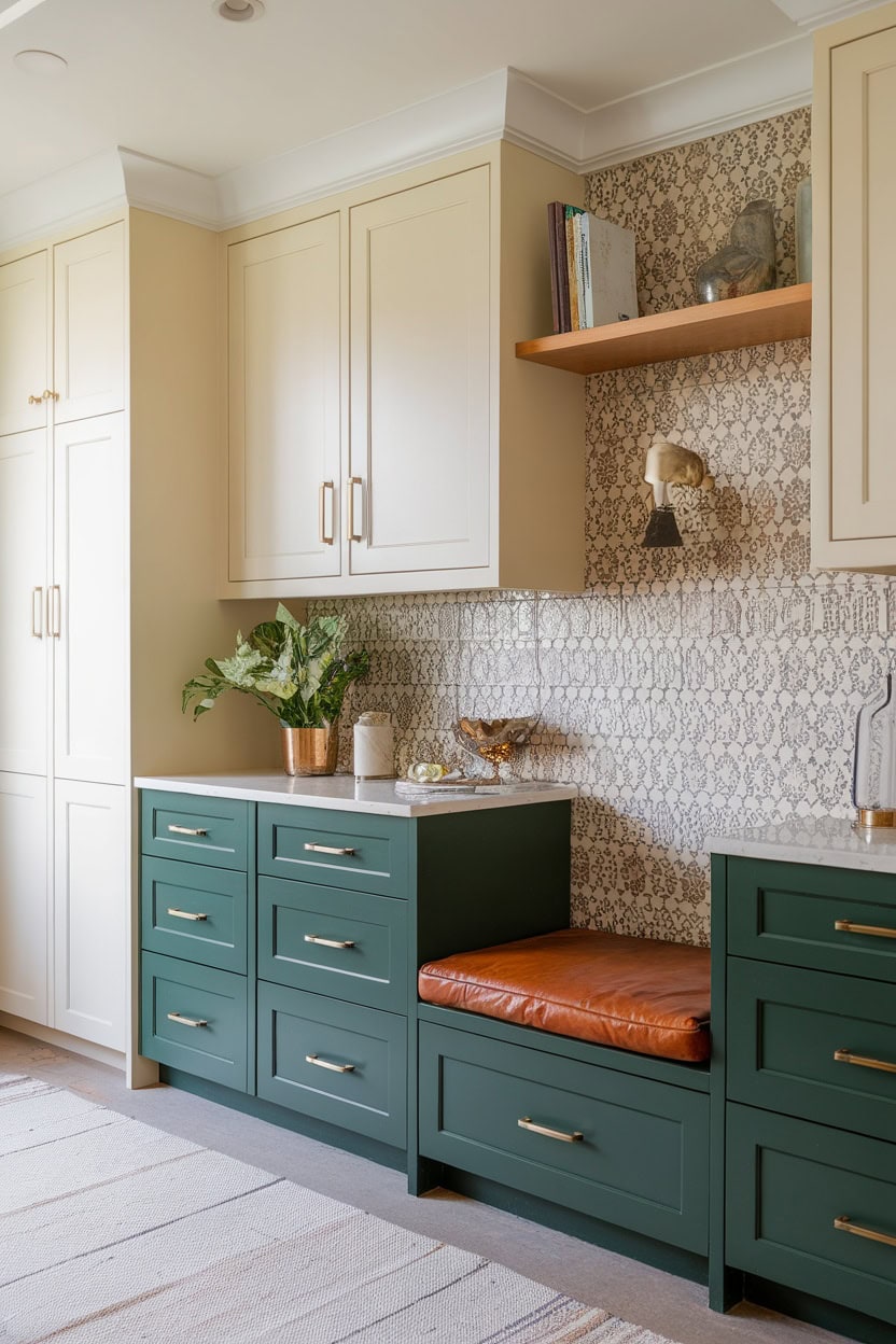 Stylish two-tone mudroom furniture in green and cream colors.