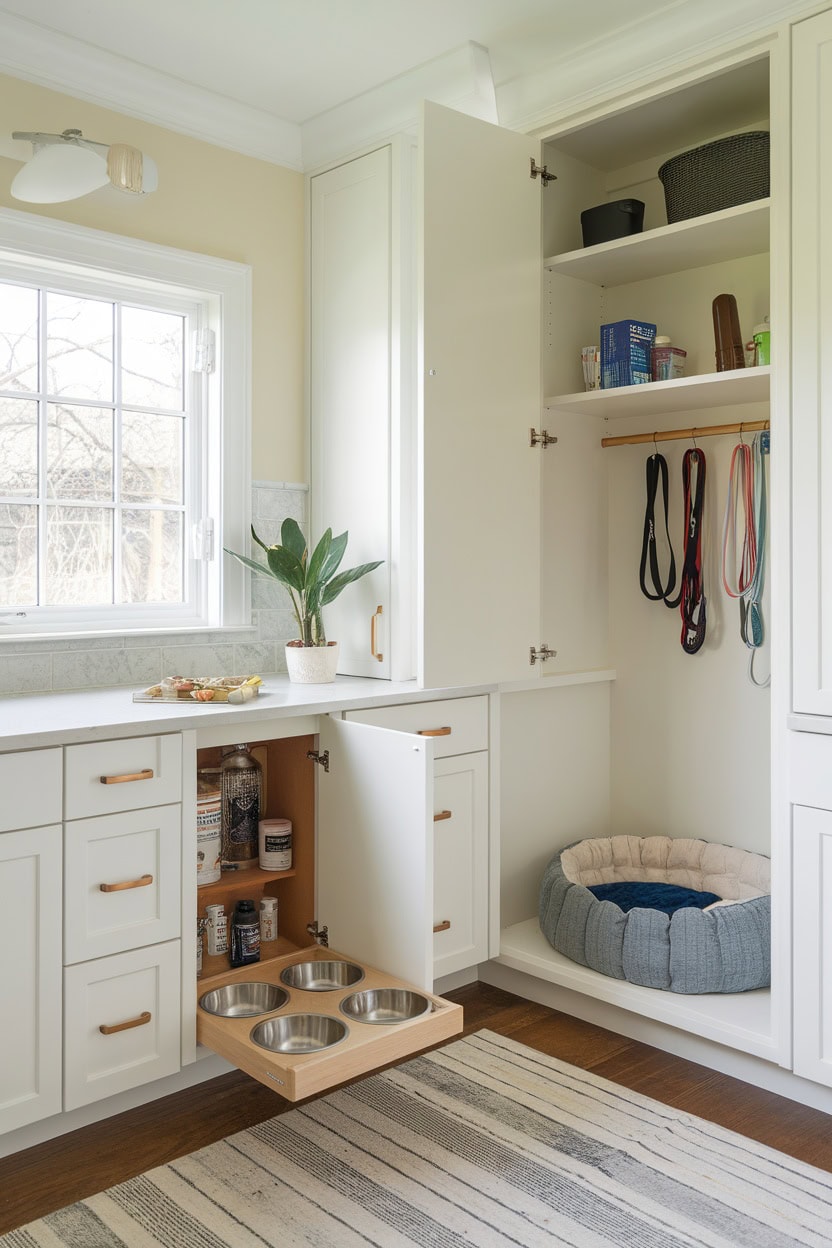 Mudroom furniture with a pet station with food bowls and a pet bed.