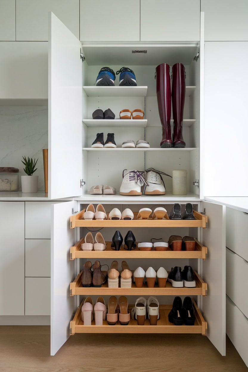 Mudroom closet with pull-out shelves for organized shoe storage.