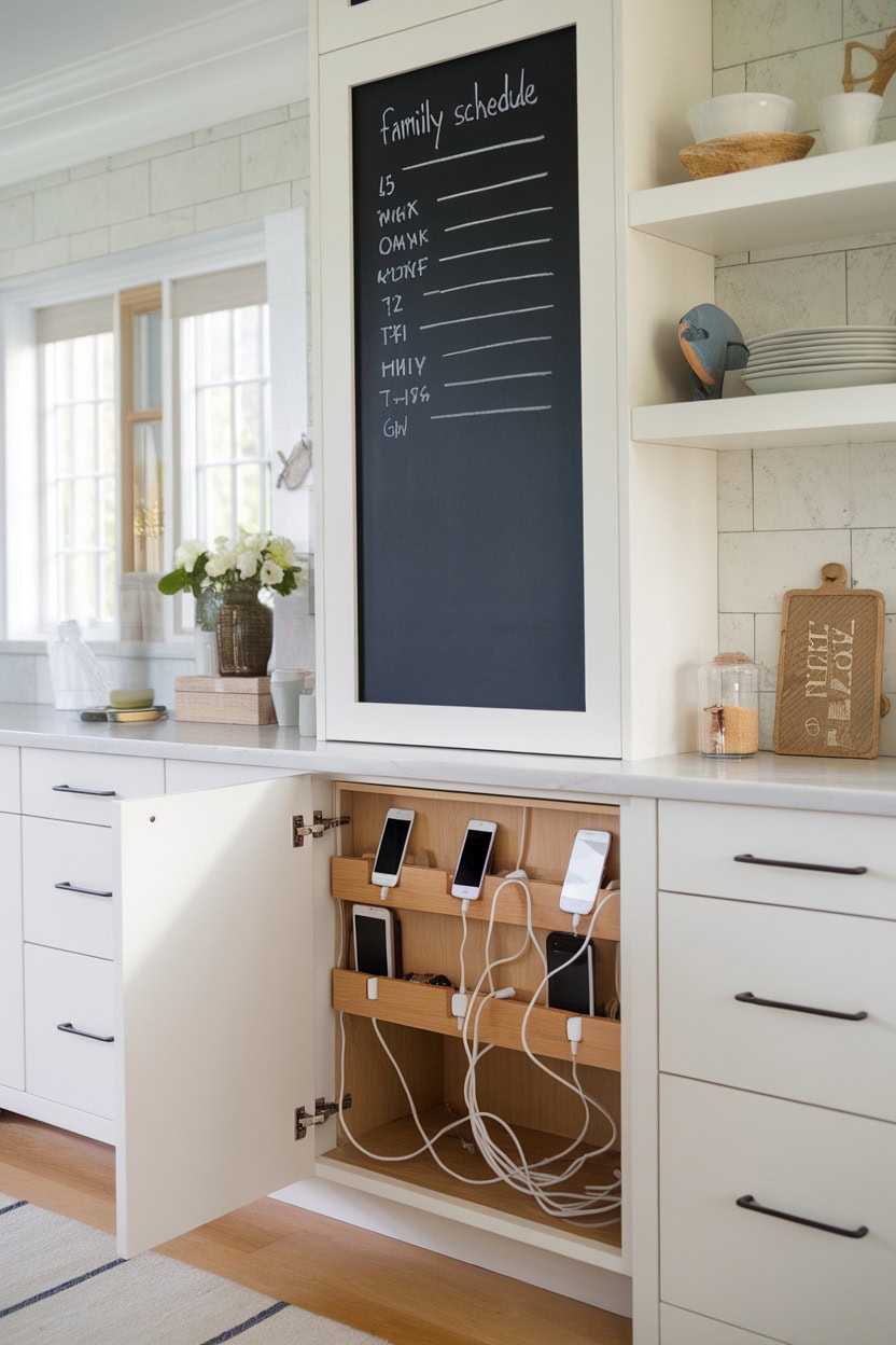 Modern mudroom cabinets with hidden charging stations for electronic devices.