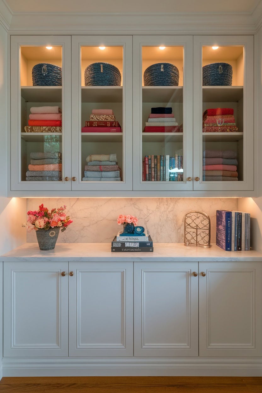 Mudroom cabinets with glass fronts display colorful baskets and neatly folded towels.