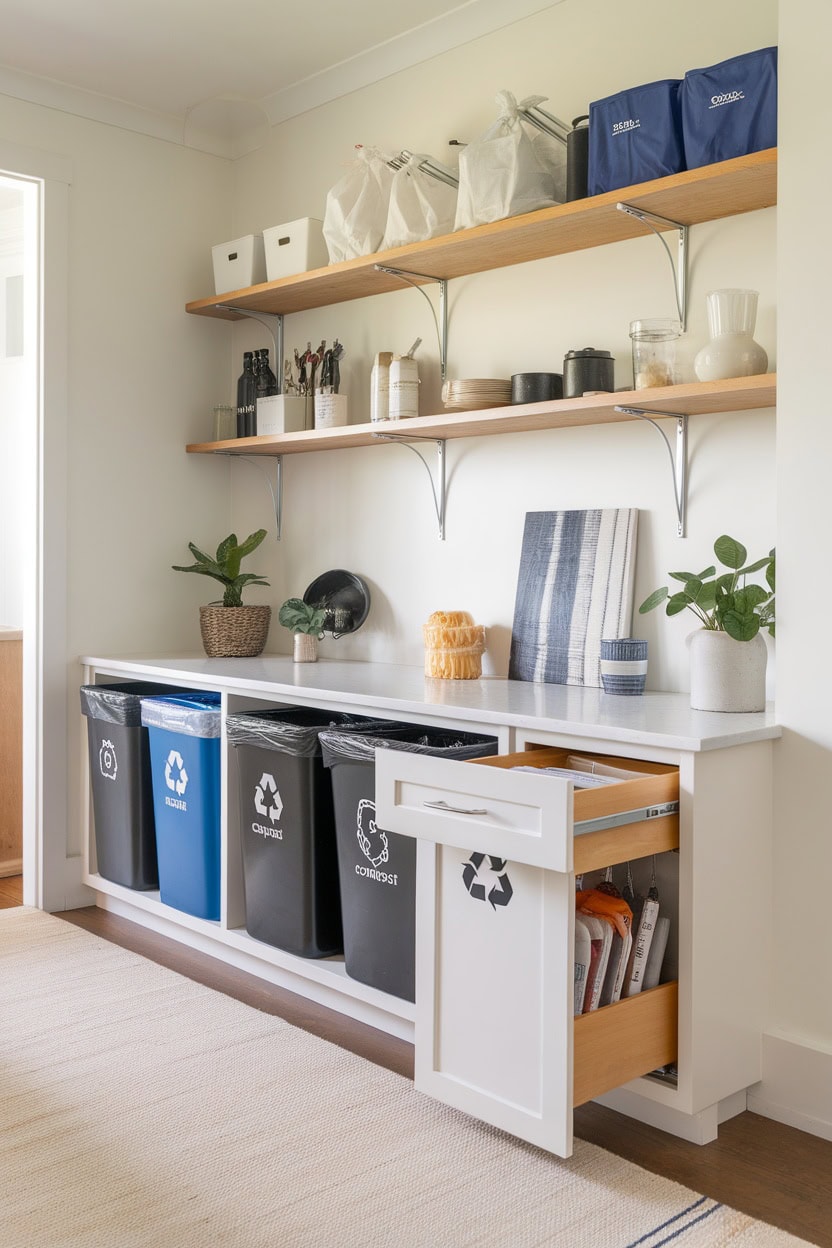 Mudroom closets with built-in recycling center with multiple bins and organizational shelves.